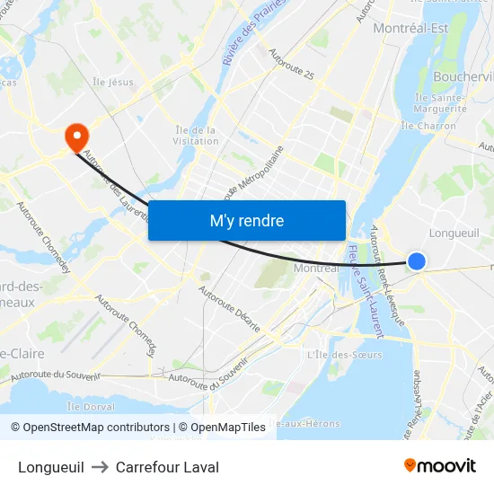 Longueuil to Carrefour Laval map