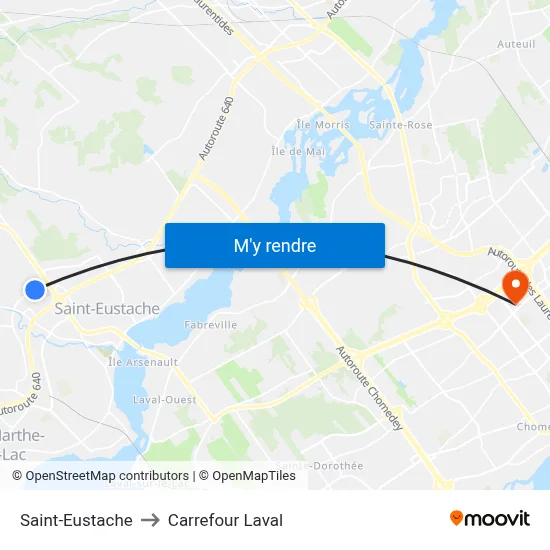 Saint-Eustache to Carrefour Laval map