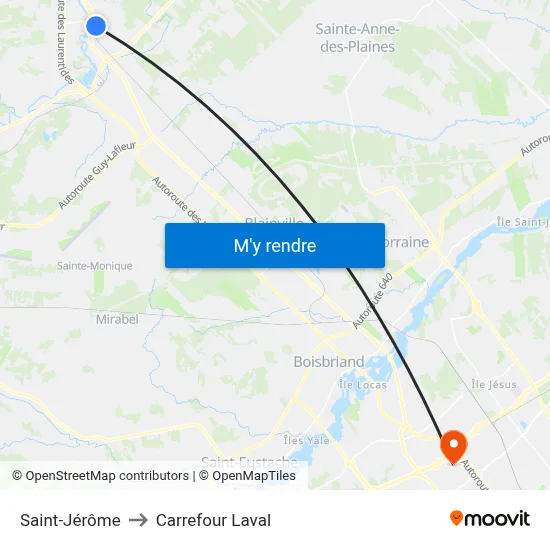 Saint-Jérôme to Carrefour Laval map