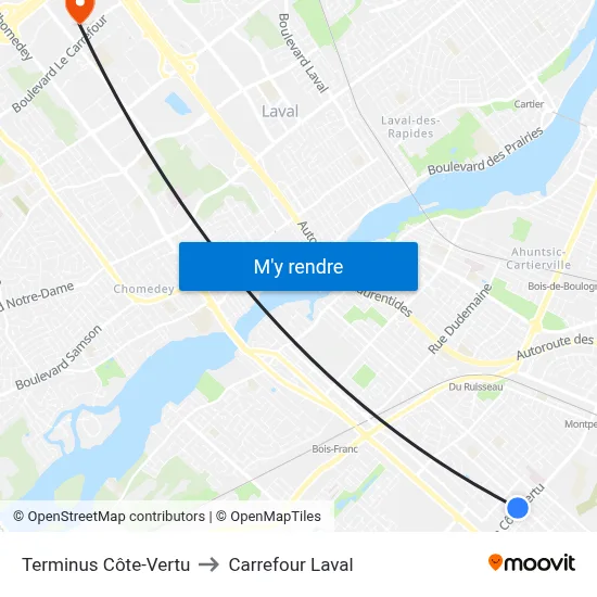 Terminus Côte-Vertu to Carrefour Laval map