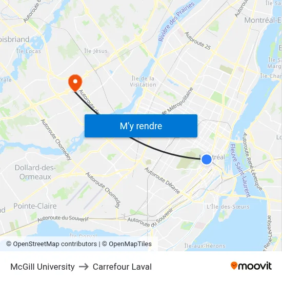 McGill University to Carrefour Laval map