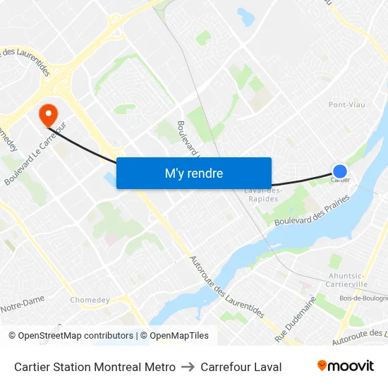 Cartier Station Montreal Metro to Carrefour Laval map