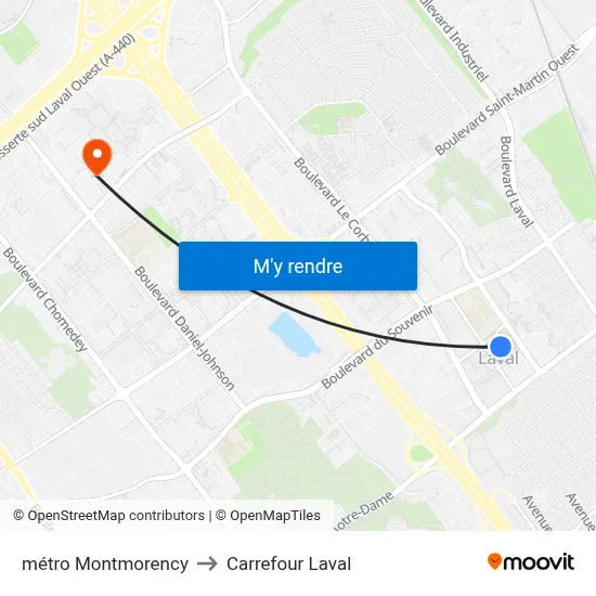 métro Montmorency to Carrefour Laval map