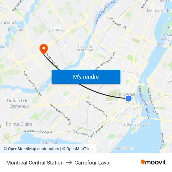Montreal Central Station to Carrefour Laval map