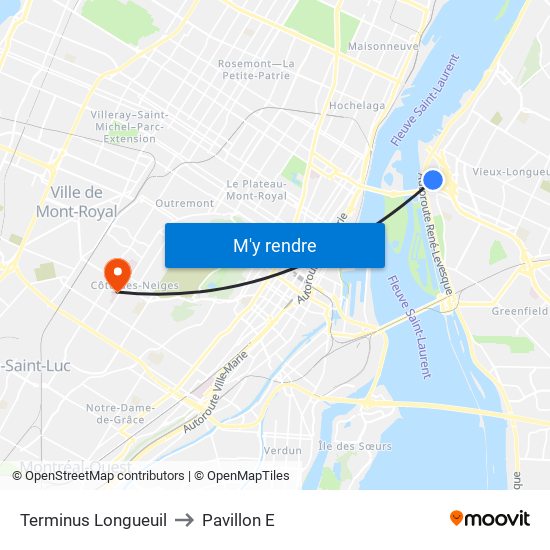 Terminus Longueuil to Pavillon E map