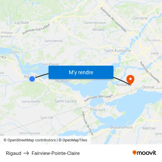 Rigaud to Fairview-Pointe-Claire map
