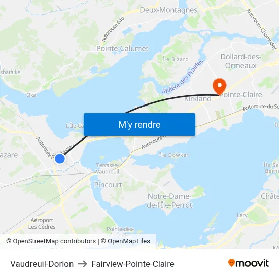 Vaudreuil-Dorion to Fairview-Pointe-Claire map