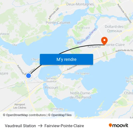 Vaudreuil Station to Fairview-Pointe-Claire map