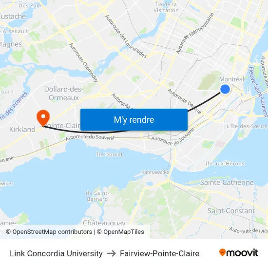 Link Concordia University to Fairview-Pointe-Claire map