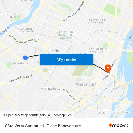 Côte Vertu Station to Place Bonaventure map
