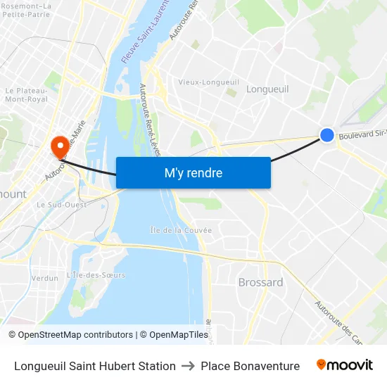 Longueuil Saint Hubert Station to Place Bonaventure map