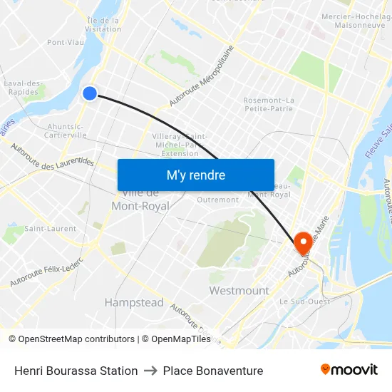 Henri Bourassa Station to Place Bonaventure map