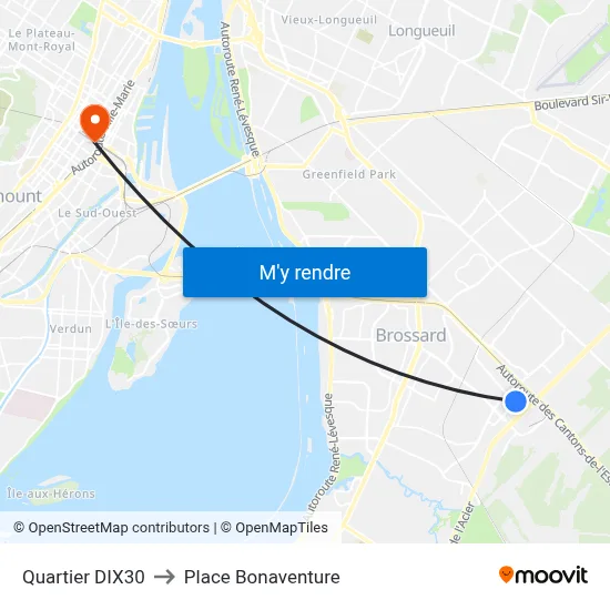 Quartier DIX30 to Place Bonaventure map