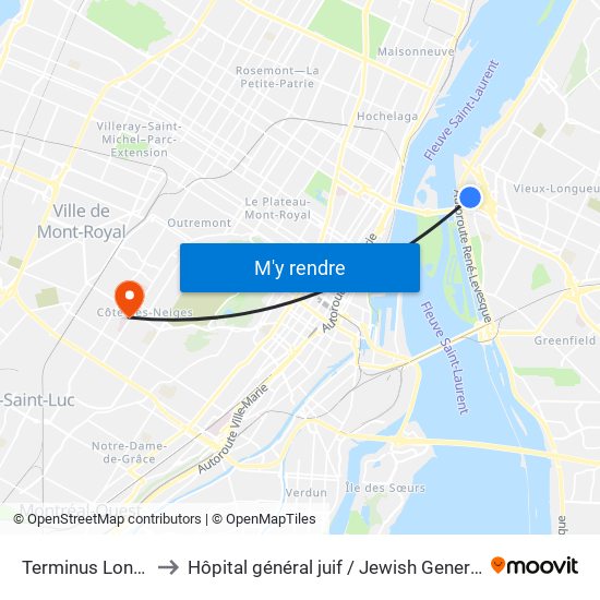 Terminus Longueuil to Hôpital général juif / Jewish General Hospital map