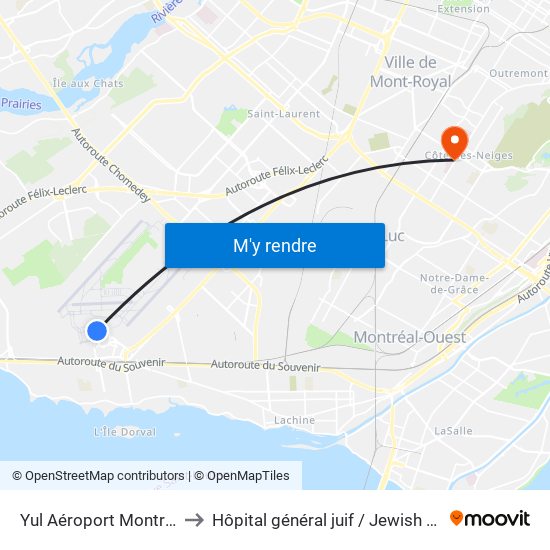 Yul Aéroport Montréal-Trudeau to Hôpital général juif / Jewish General Hospital map