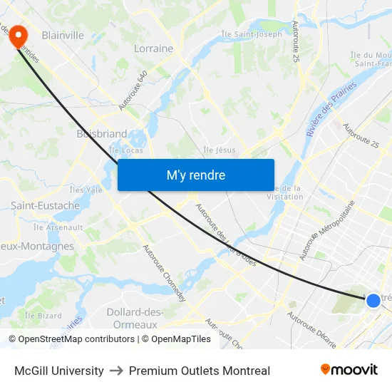 McGill University to Premium Outlets Montreal map