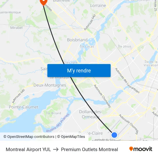 Montreal Airport YUL to Premium Outlets Montreal map