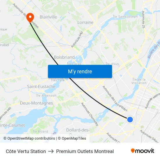 Côte Vertu Station to Premium Outlets Montreal map