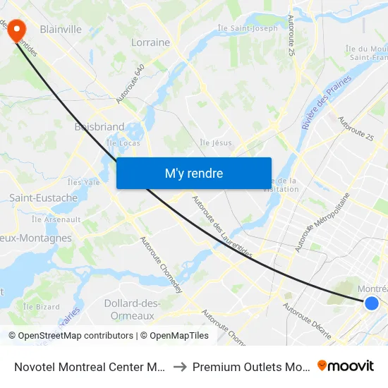 Novotel Montreal Center Montréal to Premium Outlets Montreal map