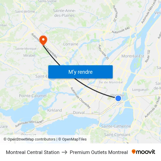 Montreal Central Station to Premium Outlets Montreal map