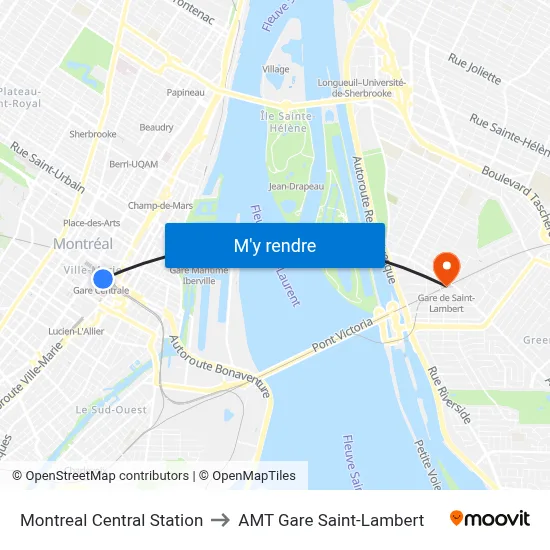 Montreal Central Station to AMT Gare Saint-Lambert map