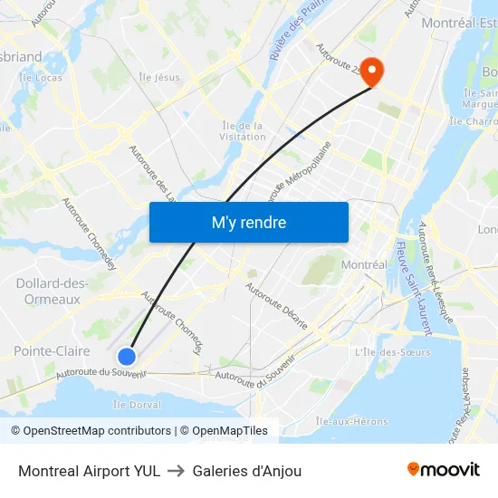 Montreal Airport YUL to Galeries d'Anjou map