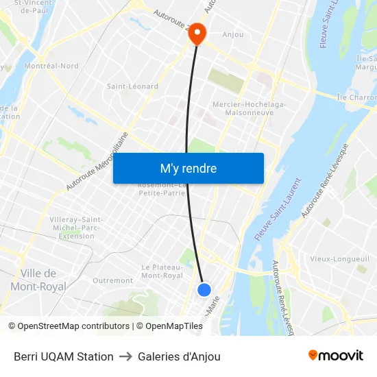 Berri UQAM Station to Galeries d'Anjou map