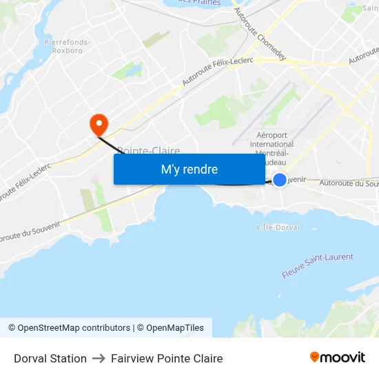 Dorval Station to Fairview Pointe Claire map