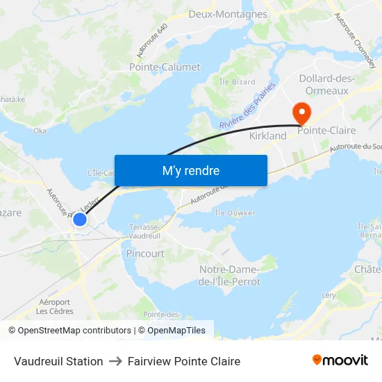 Vaudreuil Station to Fairview Pointe Claire map