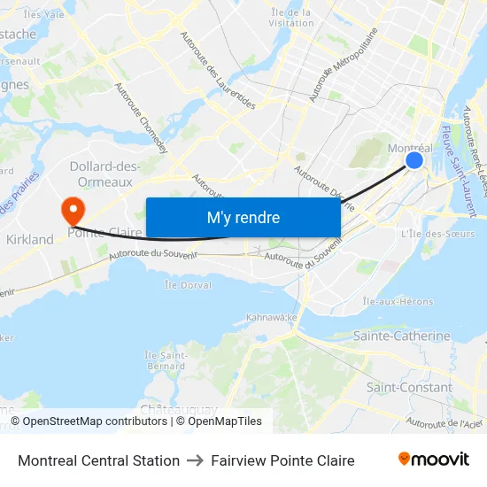 Montreal Central Station to Fairview Pointe Claire map