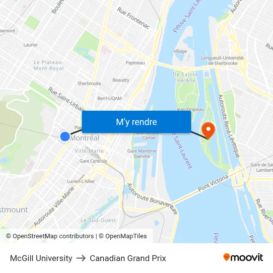 McGill University to Canadian Grand Prix map