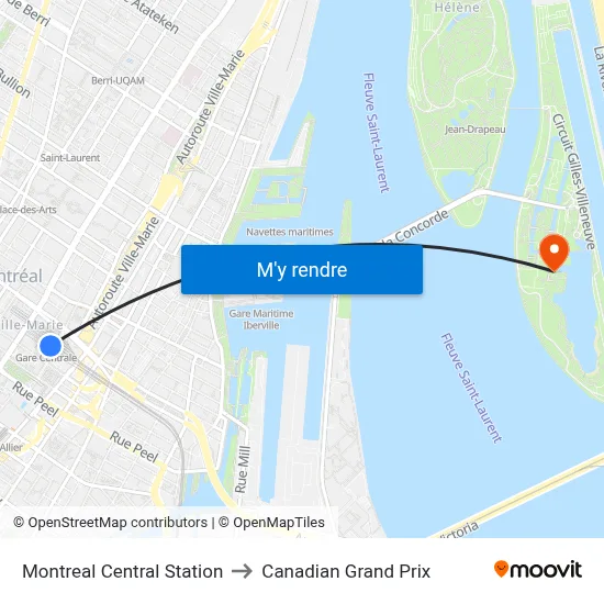 Montreal Central Station to Canadian Grand Prix map