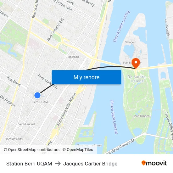 Station Berri UQAM to Jacques Cartier Bridge map