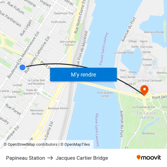 Papineau Station to Jacques Cartier Bridge map