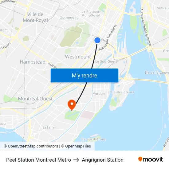 Peel Station Montreal Metro to Angrignon Station map