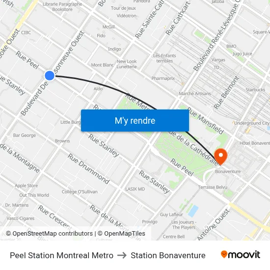 Peel Station Montreal Metro to Station Bonaventure map