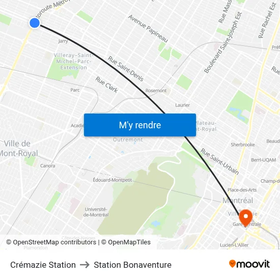 Crémazie Station to Station Bonaventure map