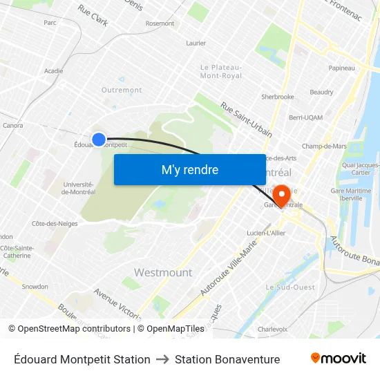 Édouard Montpetit Station to Station Bonaventure map