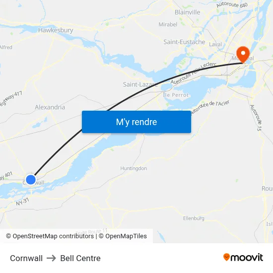 Cornwall to Bell Centre map