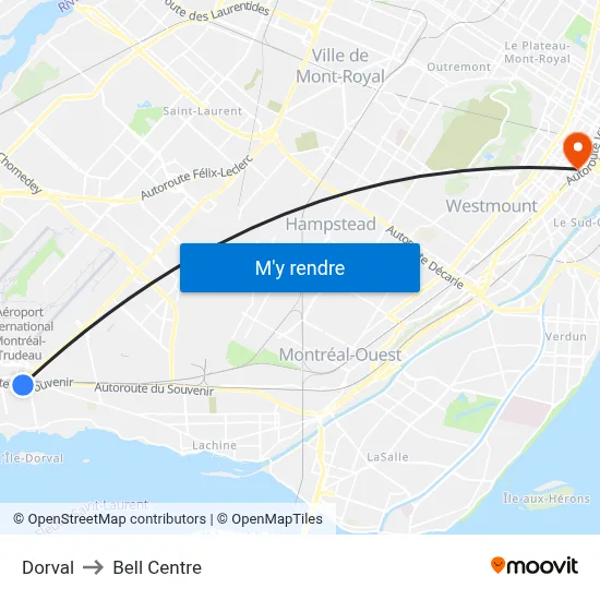 Dorval to Bell Centre map