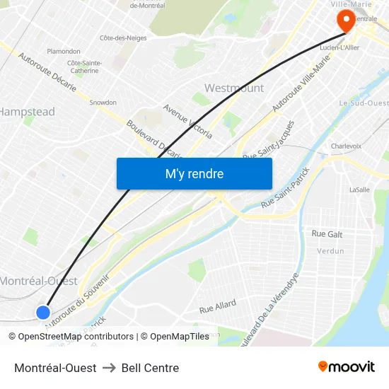 Montréal-Ouest to Bell Centre map