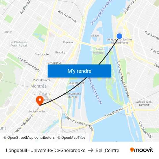 Longueuil–Université-De-Sherbrooke to Bell Centre map