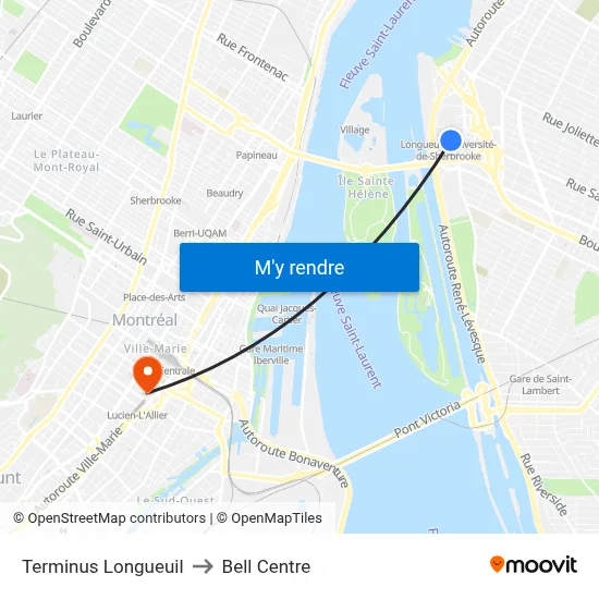 Terminus Longueuil to Bell Centre map