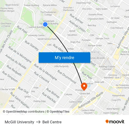 McGill University to Bell Centre map