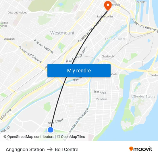 Angrignon Station to Bell Centre map