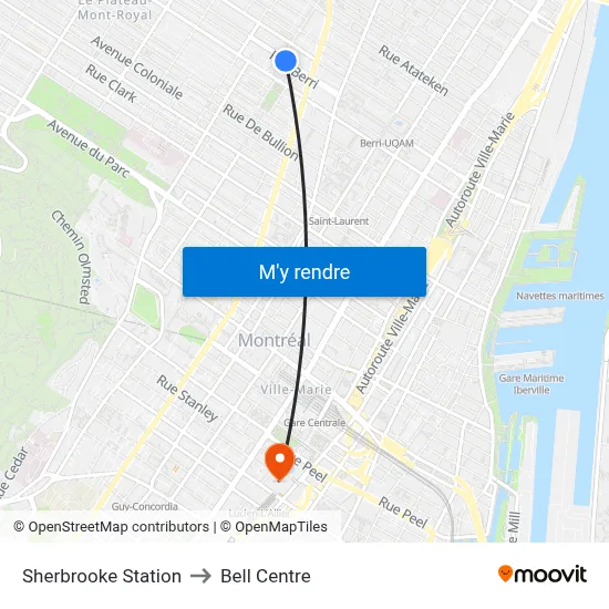 Sherbrooke Station to Bell Centre map