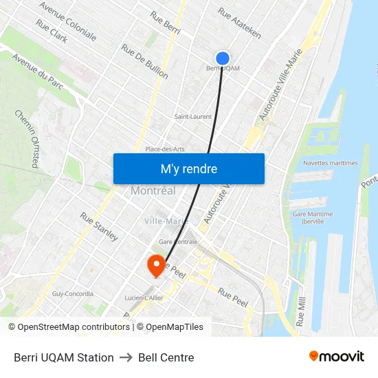 Berri UQAM Station to Bell Centre map