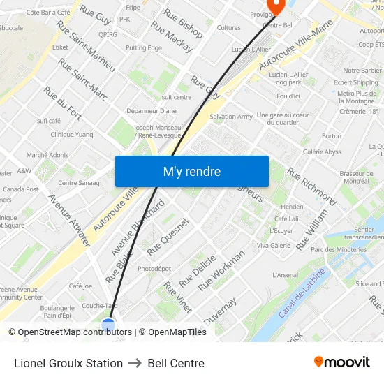 Lionel Groulx Station to Bell Centre map