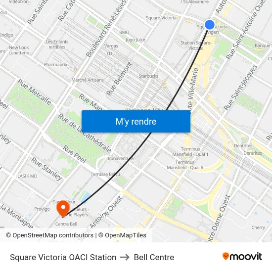 Square Victoria OACI Station to Bell Centre map