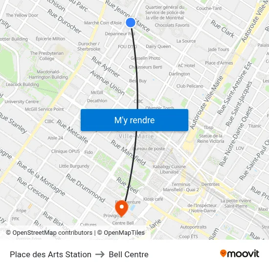 Place des Arts Station to Bell Centre map